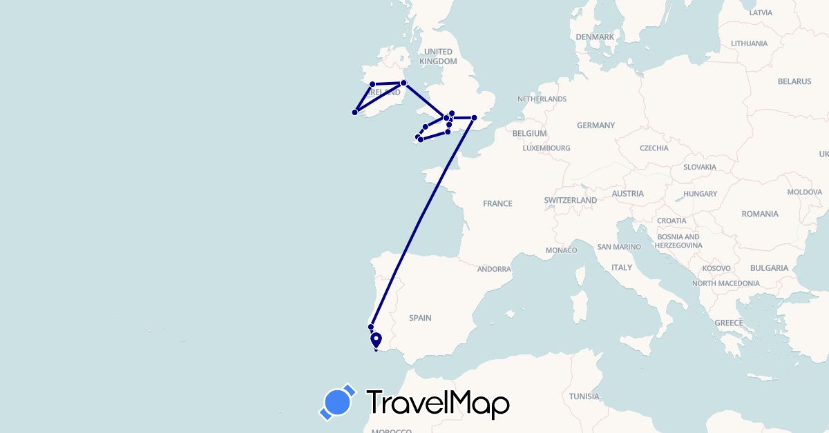 TravelMap itinerary: driving in United Kingdom, Ireland, Portugal (Europe)